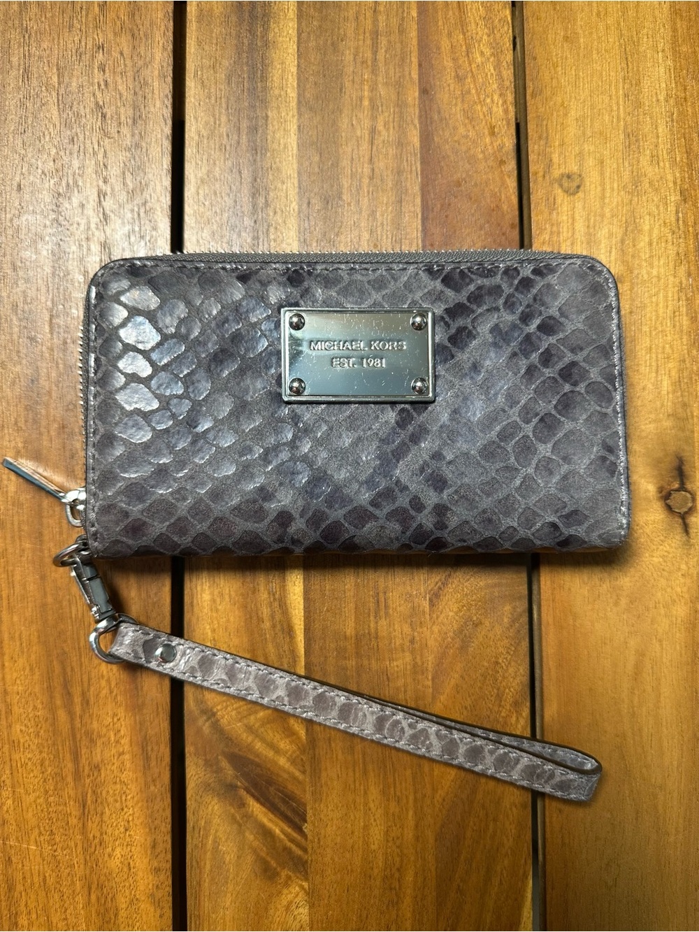 Michael Kors Snake-Embossed Wristlet Wallet in Charcoal Gray